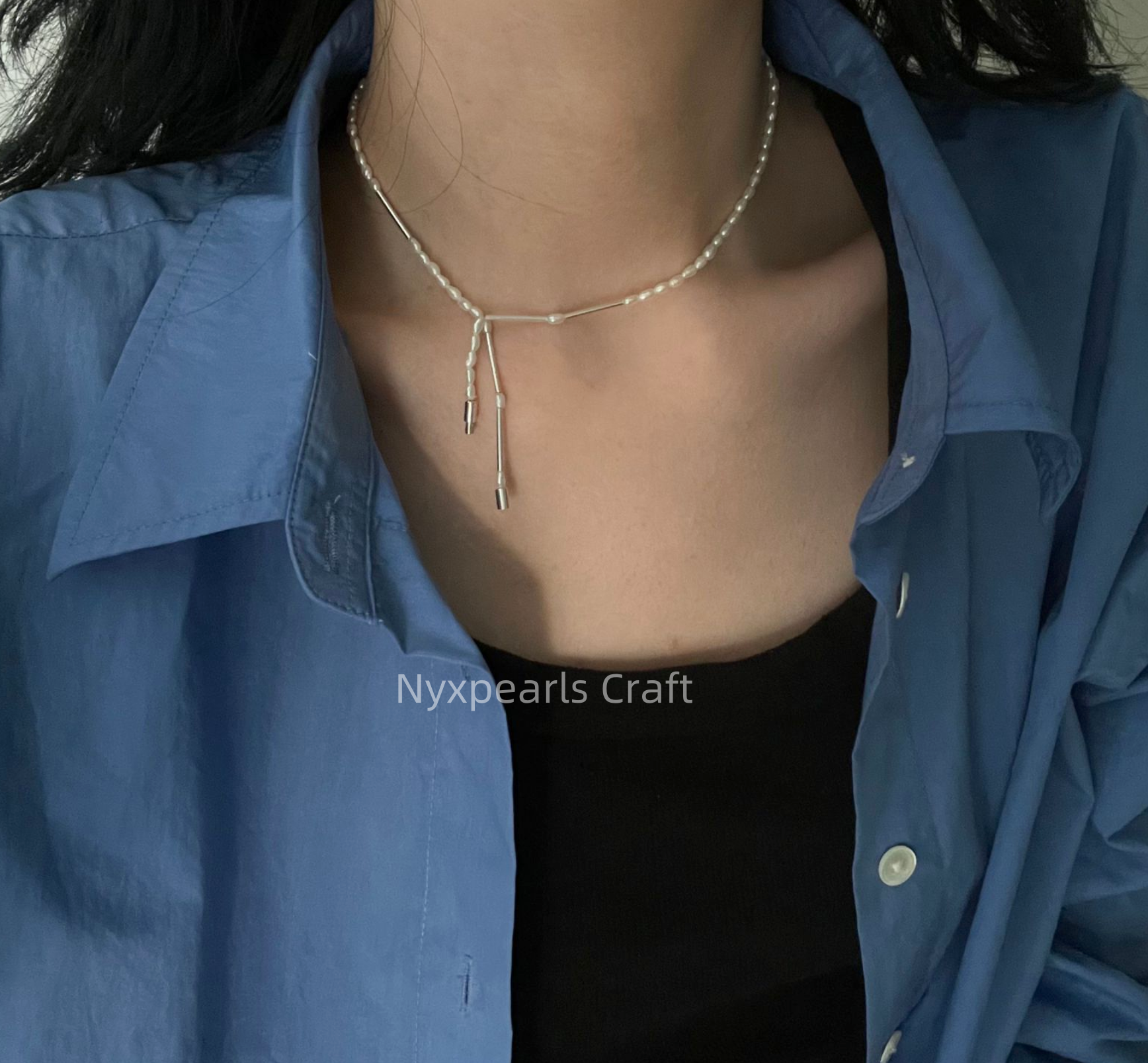 Silver Tube Pearl Necklace - 图片 5