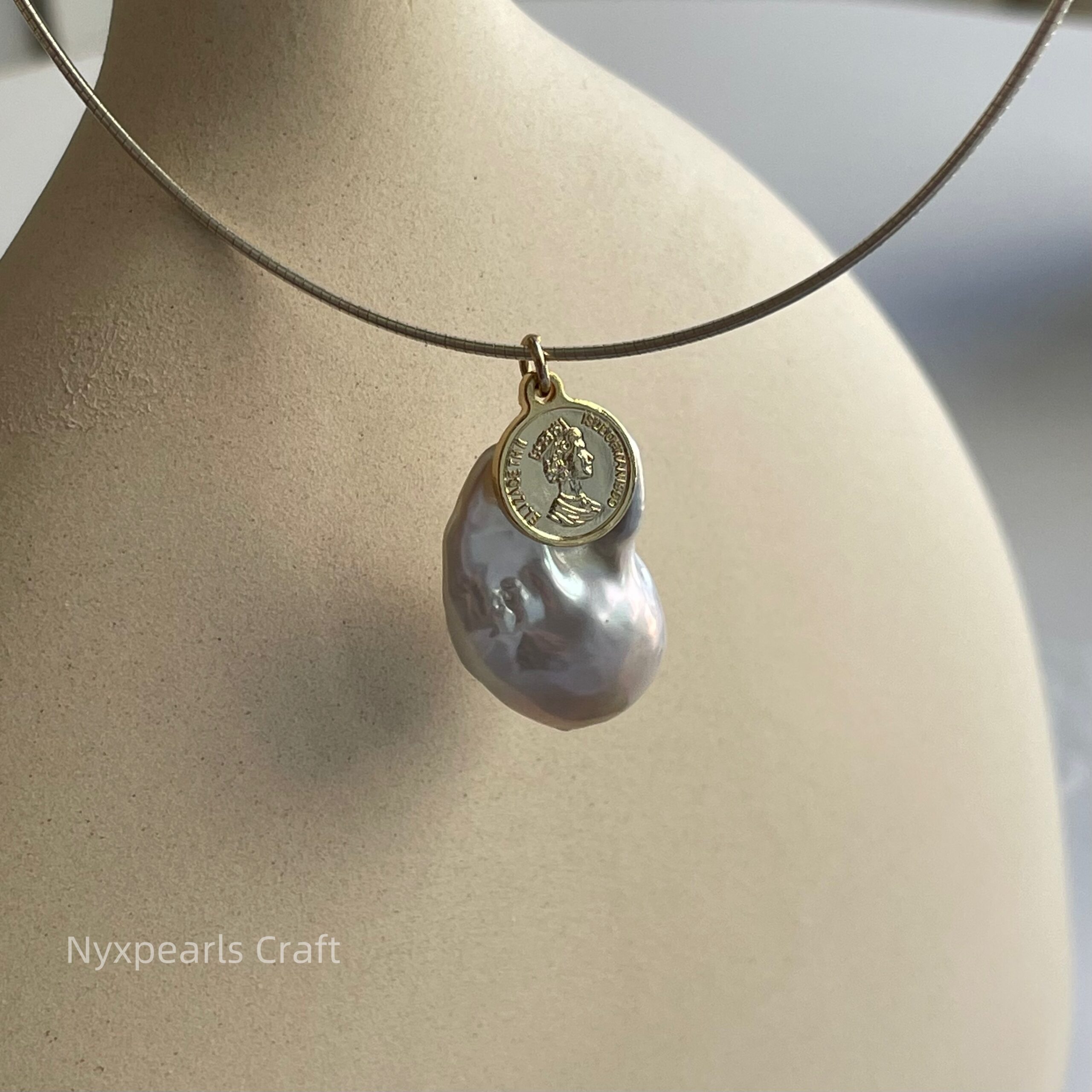 Baroque Pearl Coin Silver Circle Necklace - 图片 5