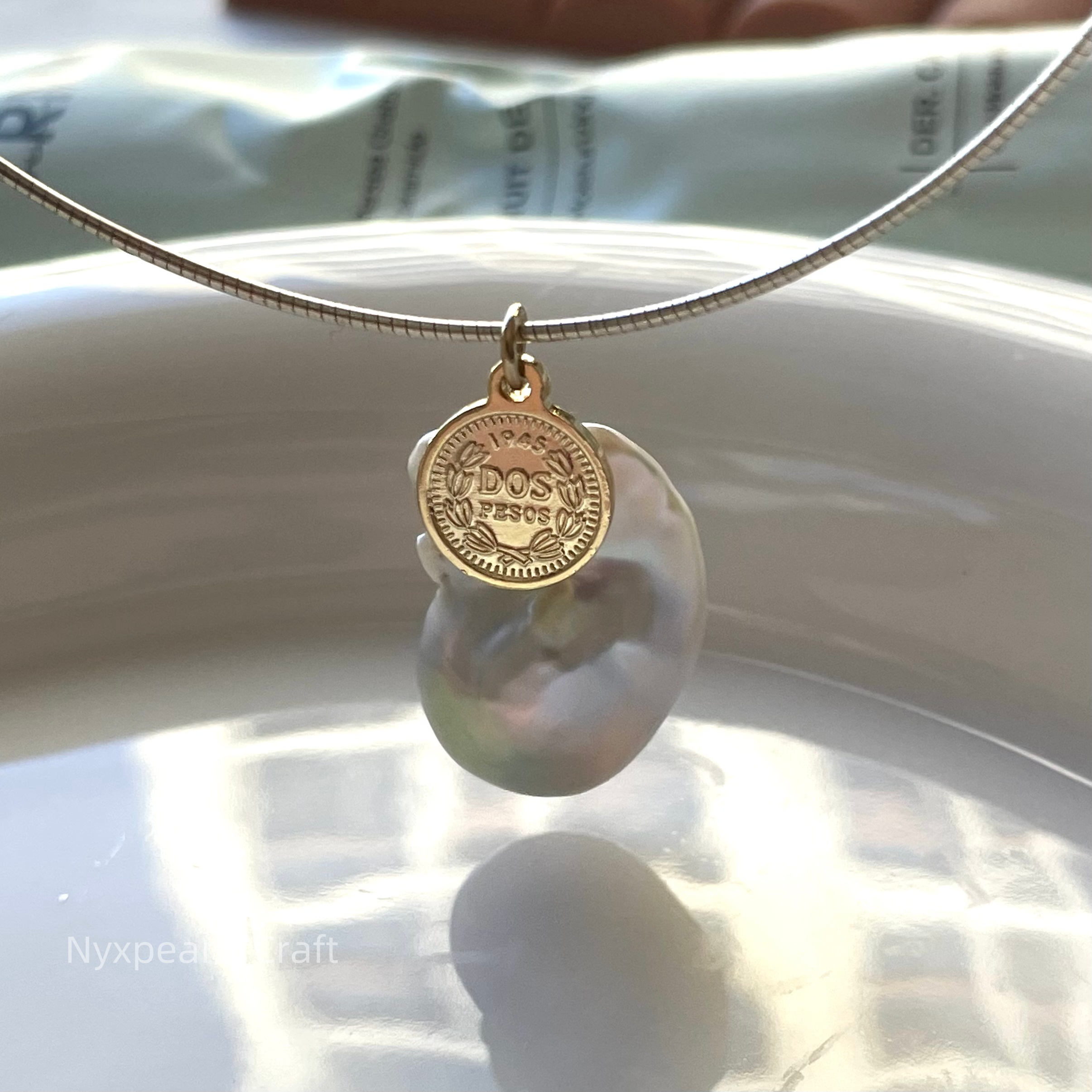 Baroque Pearl Coin Silver Circle Necklace - 图片 8