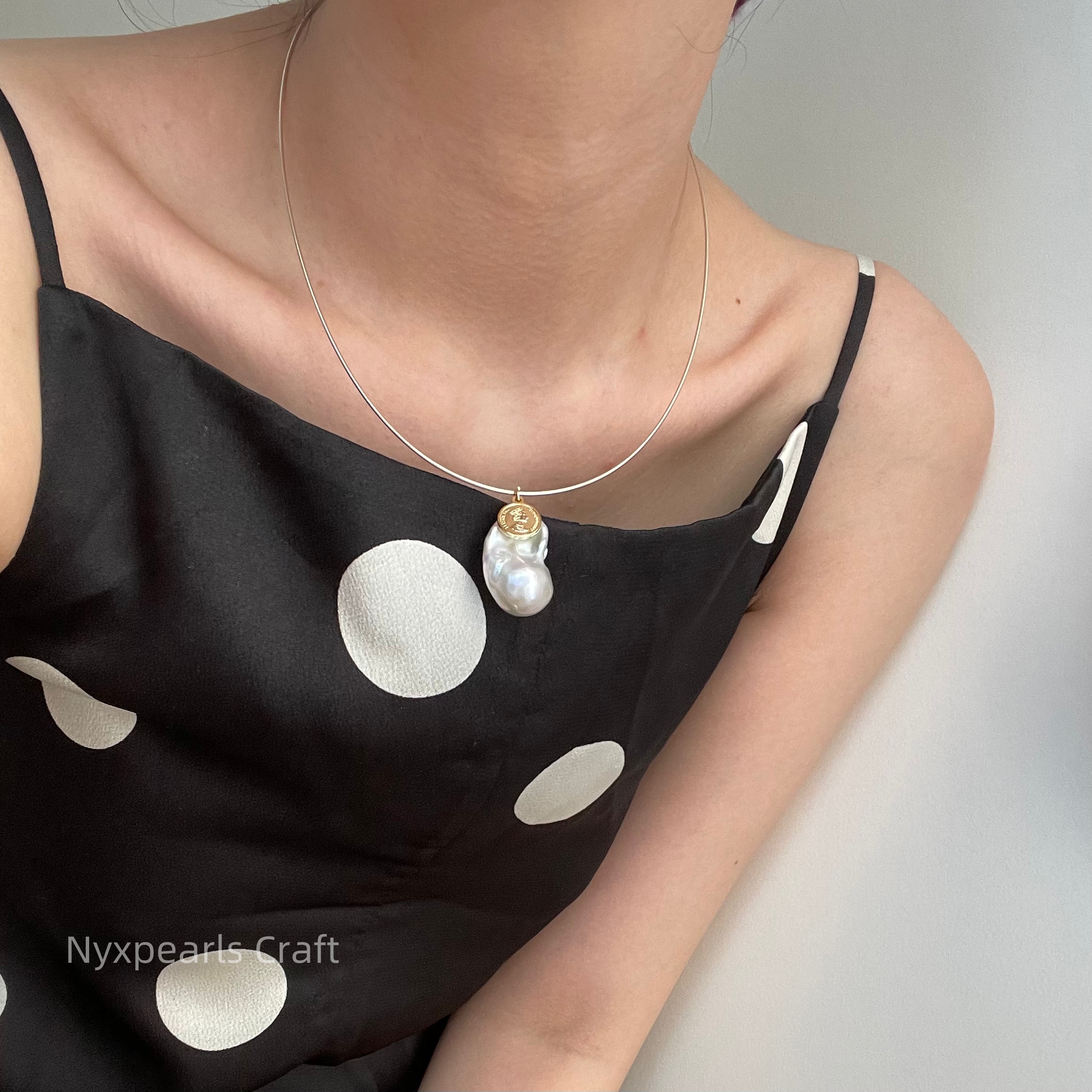 Baroque Pearl Coin Silver Circle Necklace - 图片 12