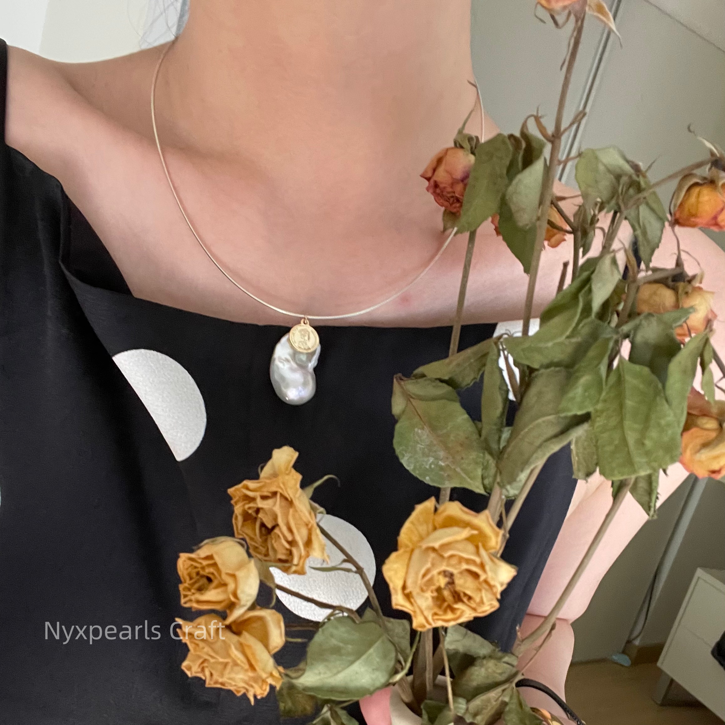 Baroque Pearl Coin Silver Circle Necklace - 图片 13