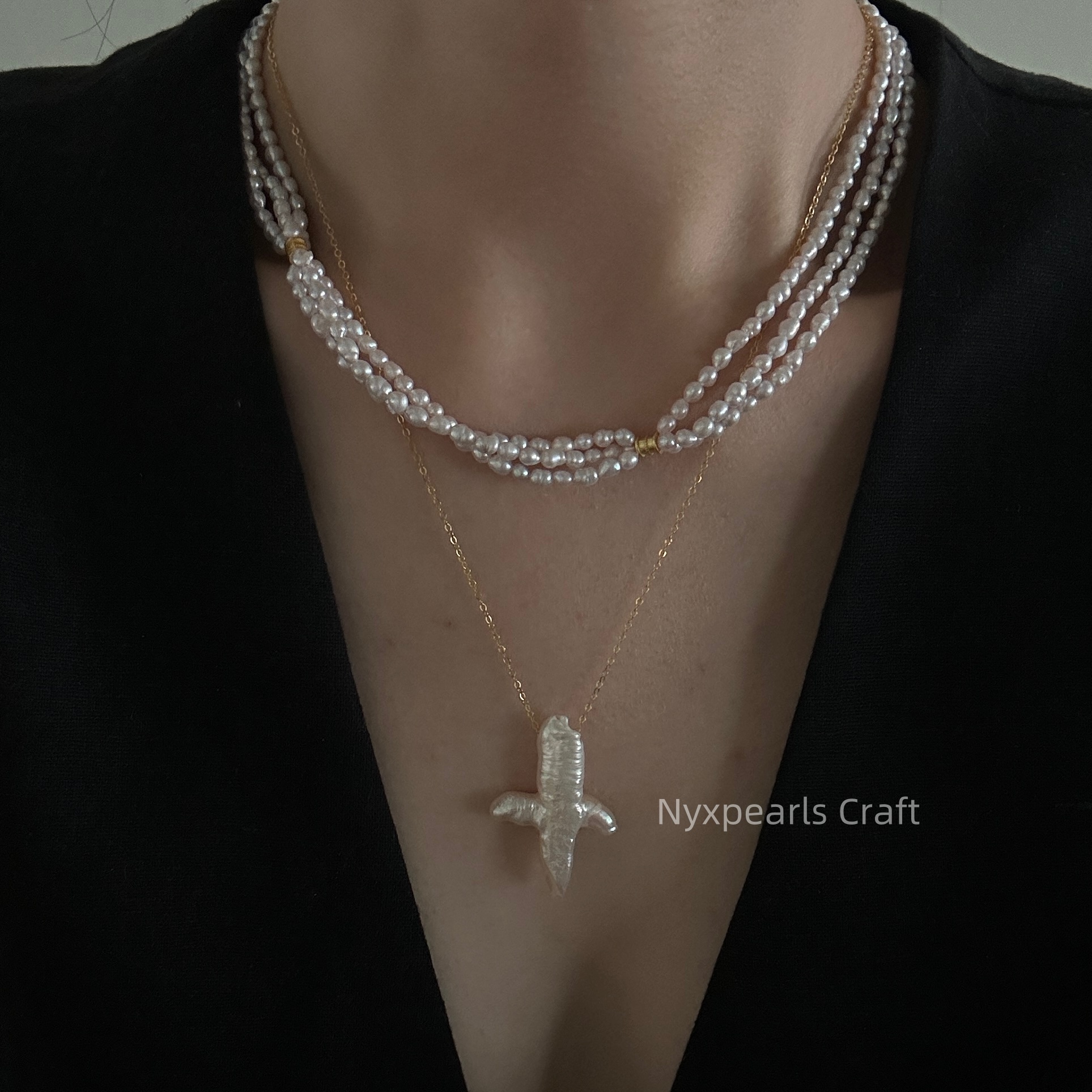 Three-Layer Fairy Pink Pearl Necklace - 图片 6