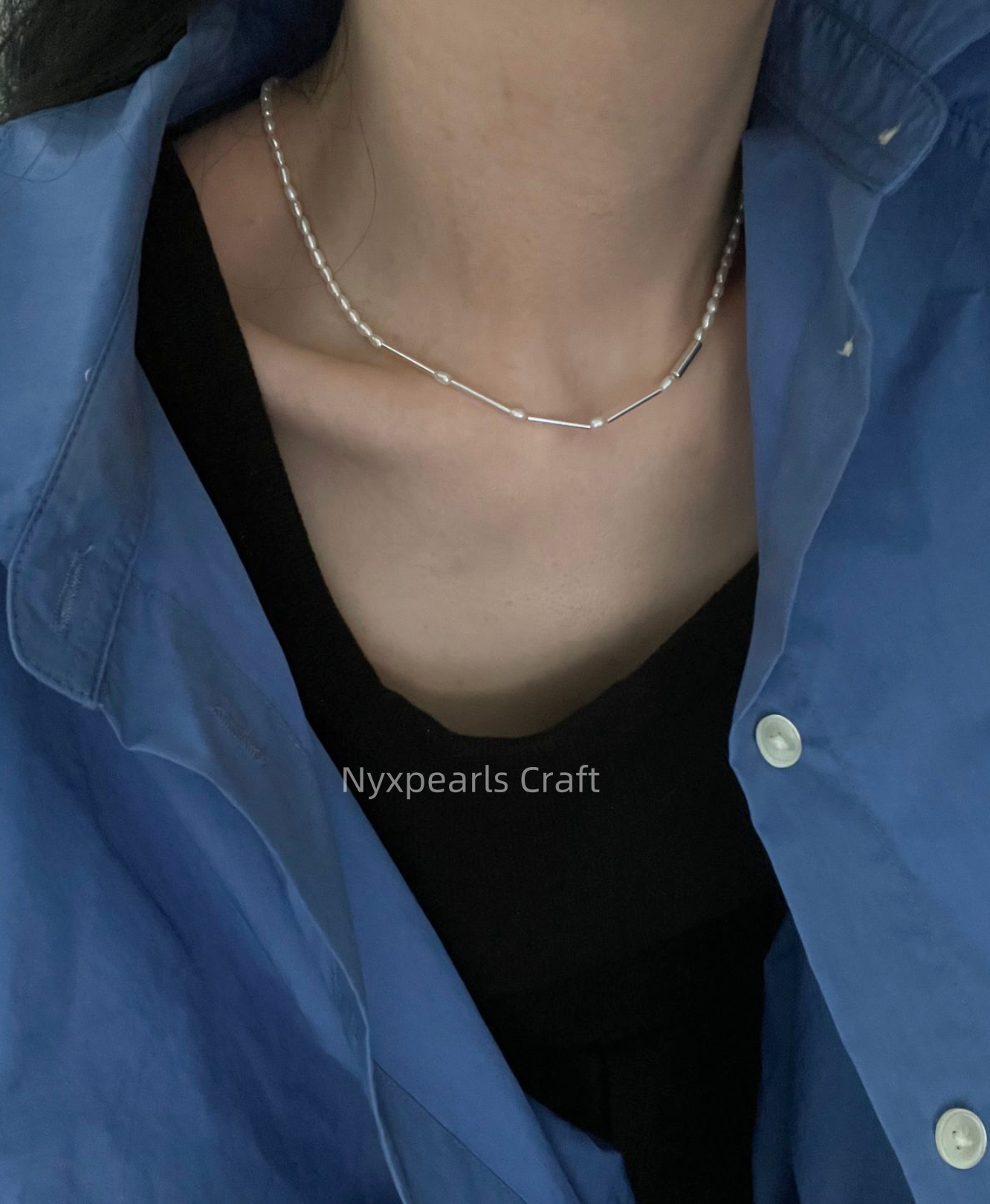 Silver Tube Pearl Necklace - 图片 4