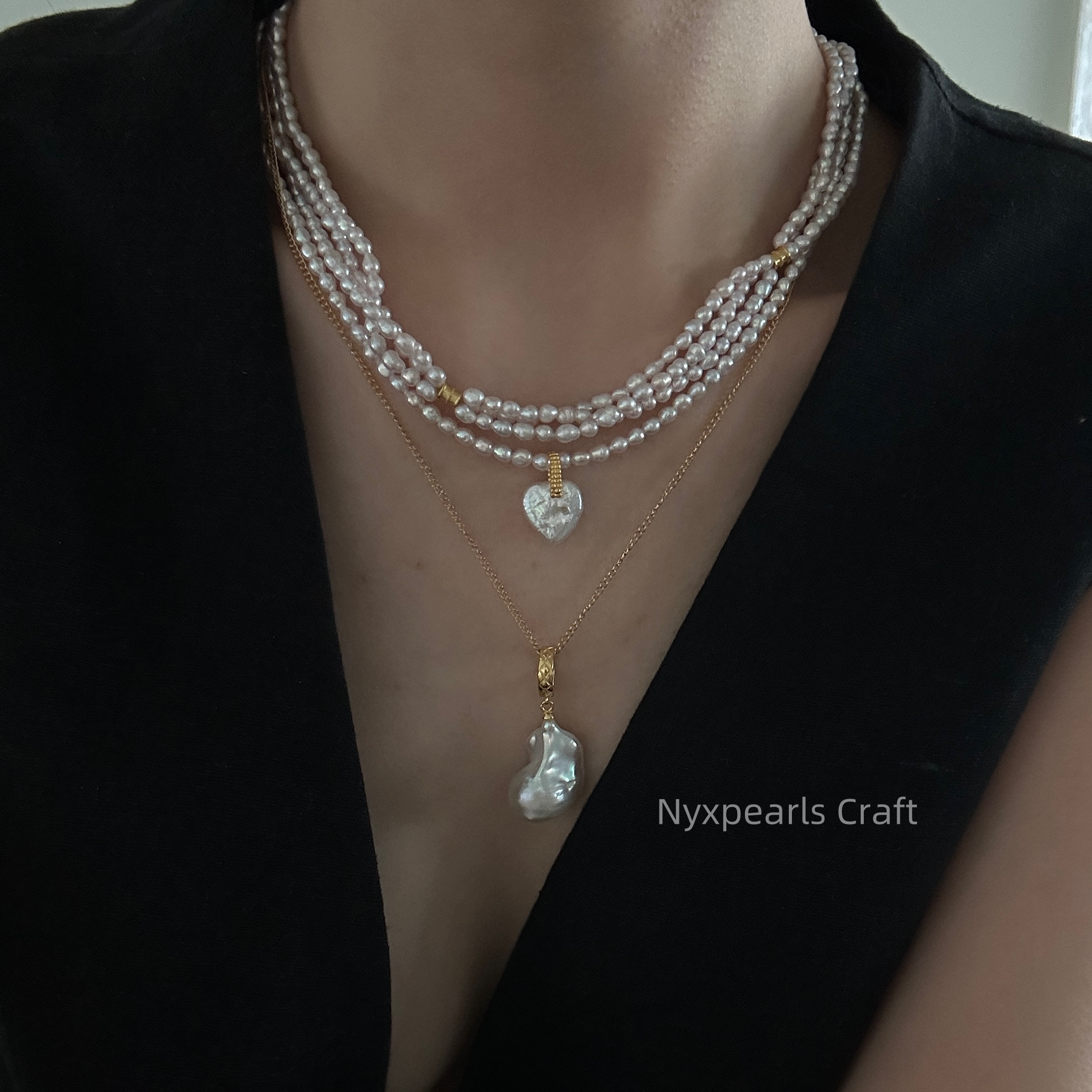 Three-Layer Fairy Pink Pearl Necklace - 图片 7